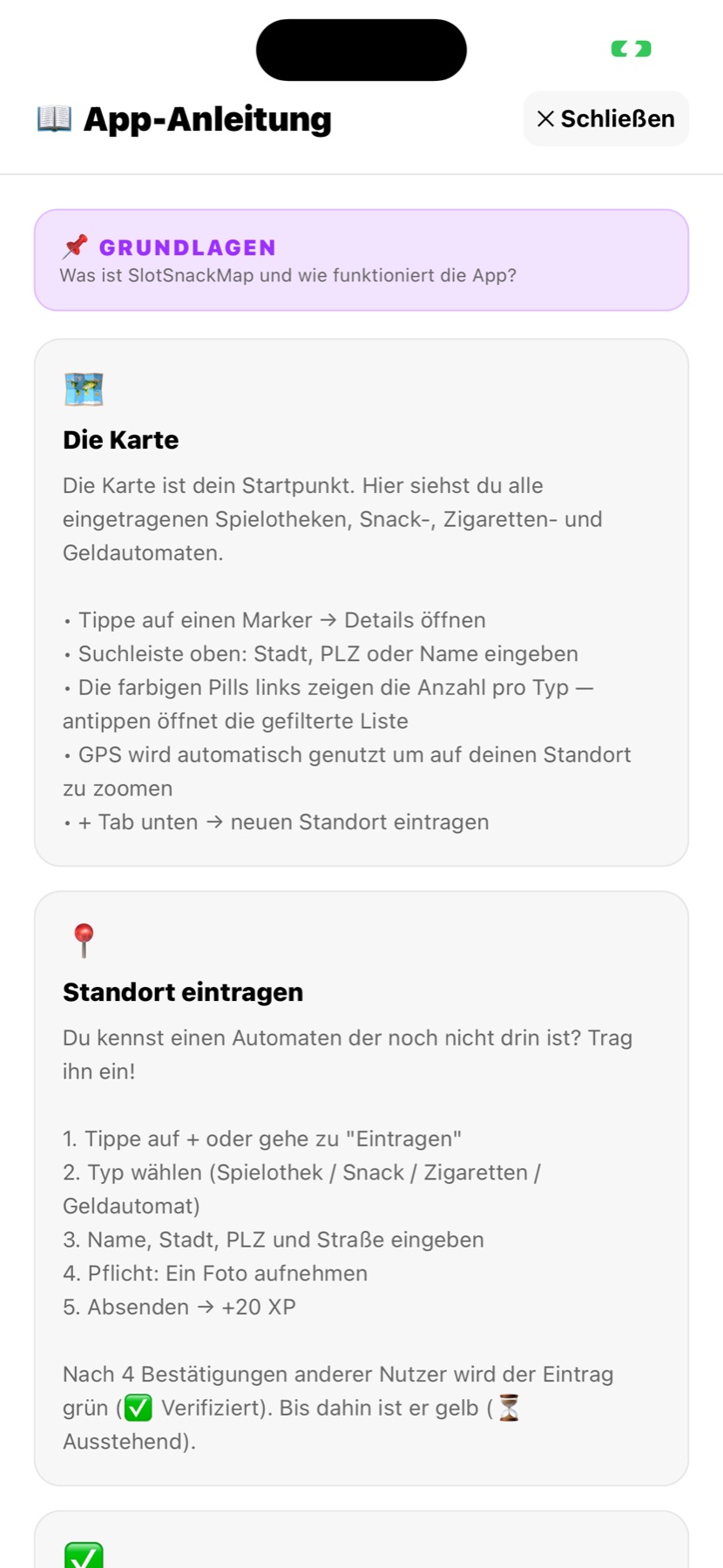 App-Anleitung mit Karten- und Eintragsfunktionen