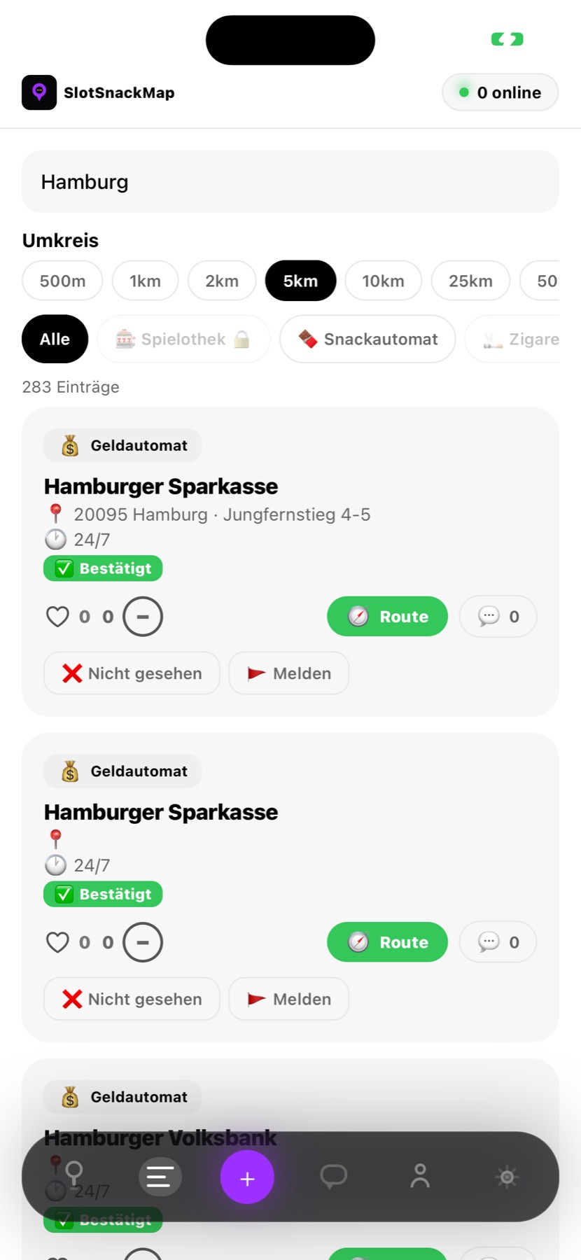 Suche, Umkreis und Automatenliste