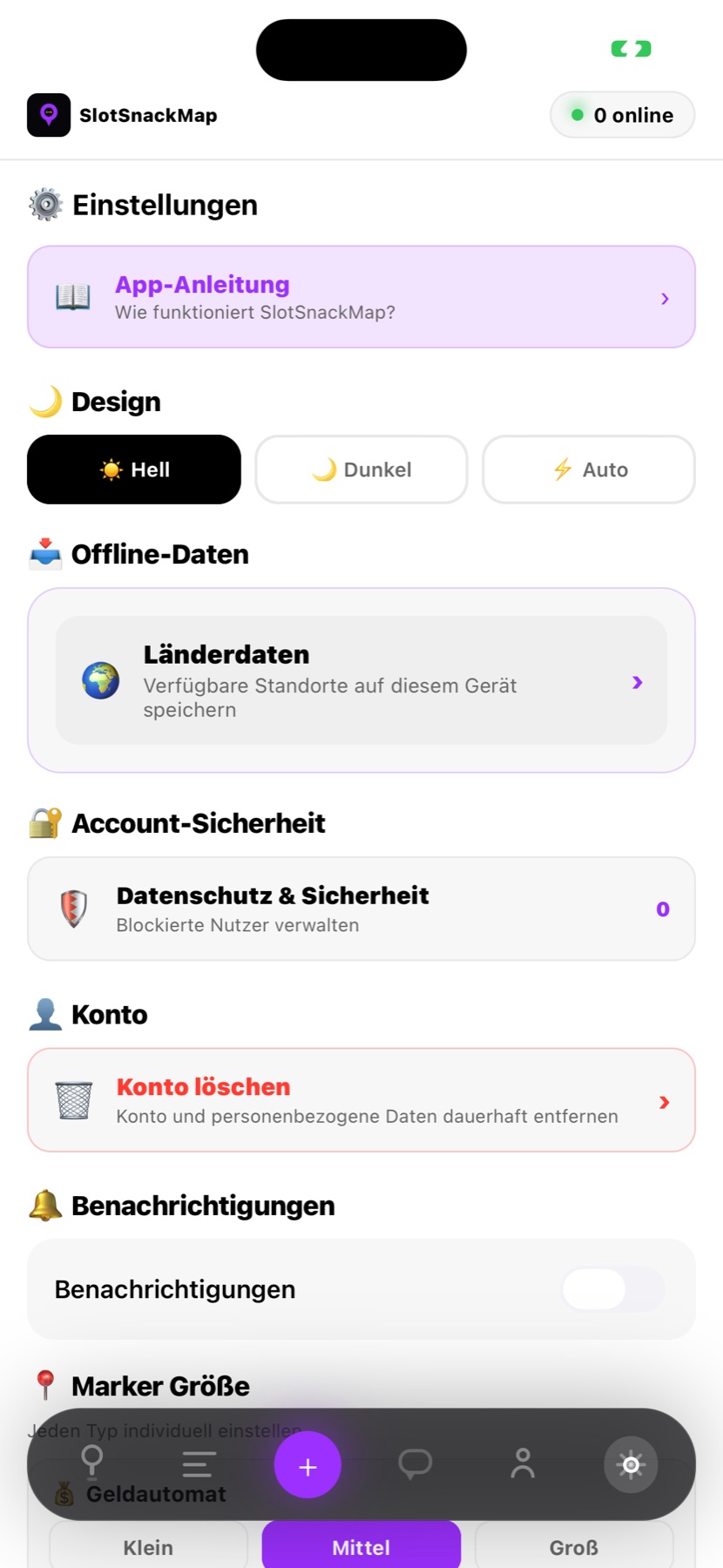 Einstellungen, Datenschutz und Kontolöschung